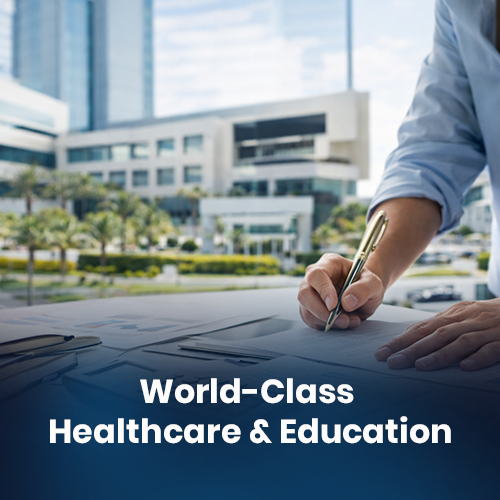 Golden Visa access to world-class healthcare and education graphic.